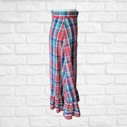 1970s Red, White, Blue and Green Checked Vintage Maxi Skirt . Approx UK size 8-10