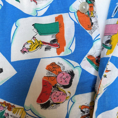 70s Blue Cartoon Novelty Print Vintage Cotton Shirt. Approx UK size M (men) 14-16( women )