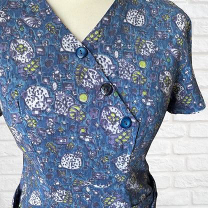 1950s French Vintage Blue Cotton Abstract Print Dress. Approx UK 12/ small 14