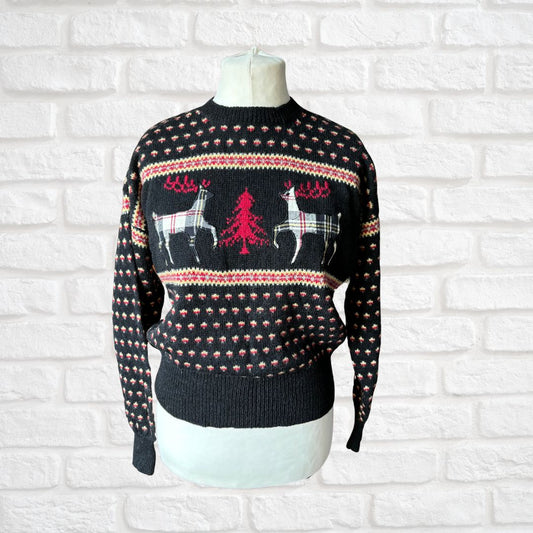 Vintage 80s Christmas Jumper by Susan Bristol – Nordic Style with Plaid Reindeer Appliqué. Approx UK size 12-16