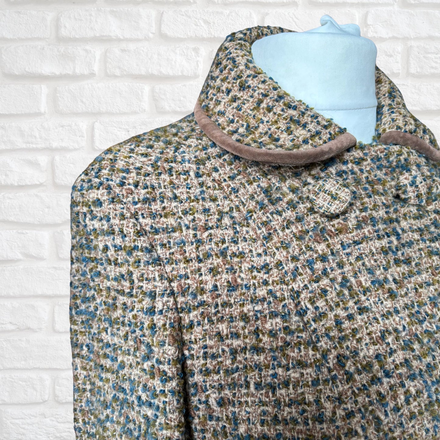 Vintage 60s Teal Green and Brown Wool Boucle Jacket with Velvet Trim. Approx UK size 14-16