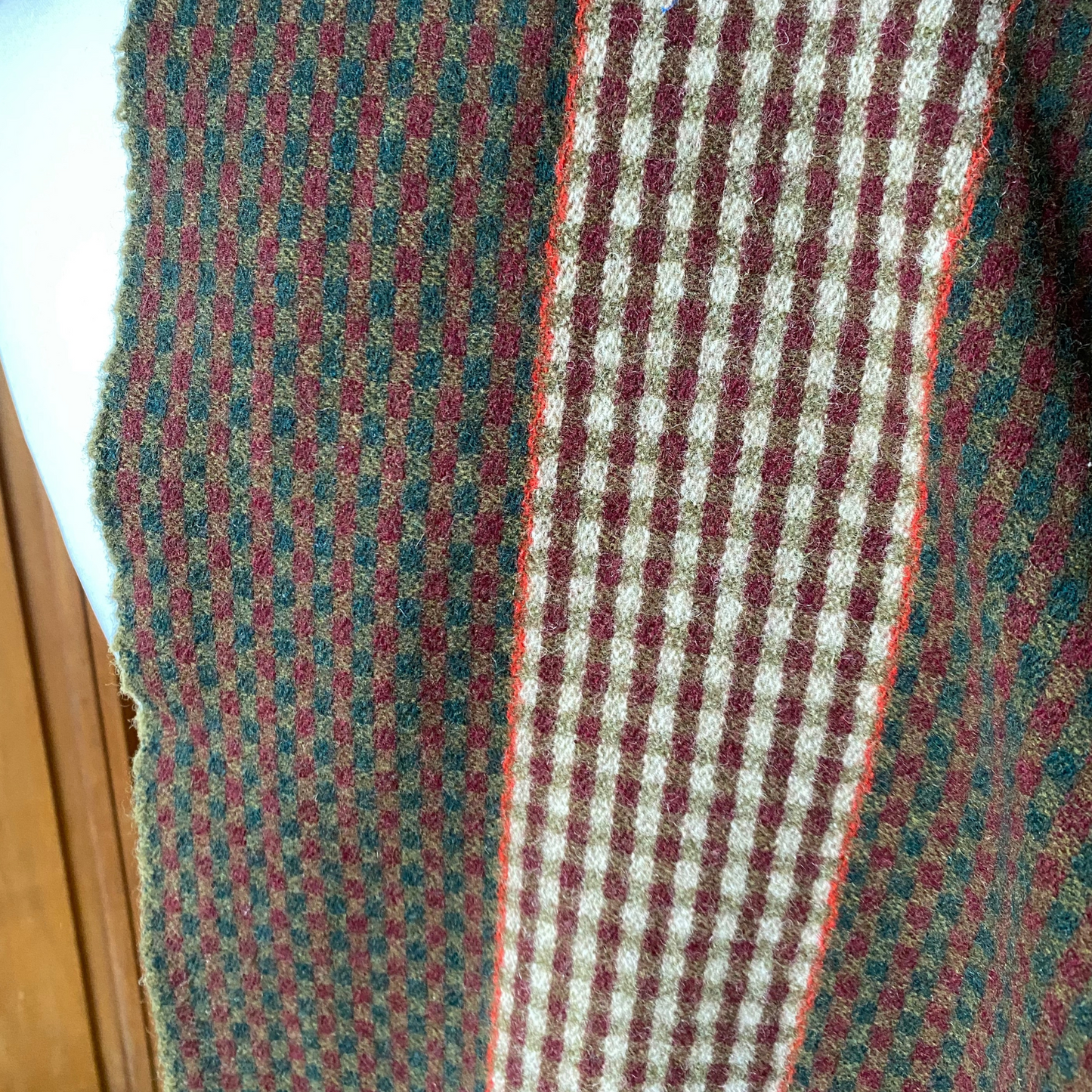 Close up of central check panel on 60s mod style Duggie scarf 