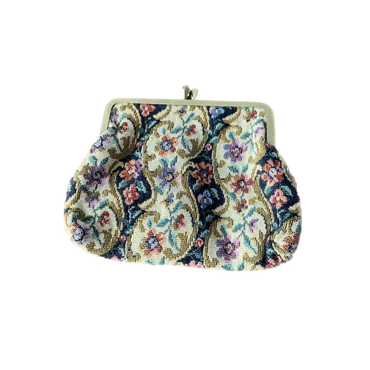Woven cream floral purse with clip frame 