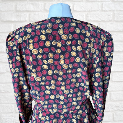 Vintage 80s Black Peplum Dress with Red & Gold Lozenge Print by Liz Roberts. Approx UK Size 16-18