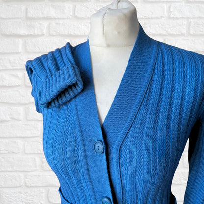 70s Blue Ribbed V neck Vintage Cardigan.  Approx UK size 8-10