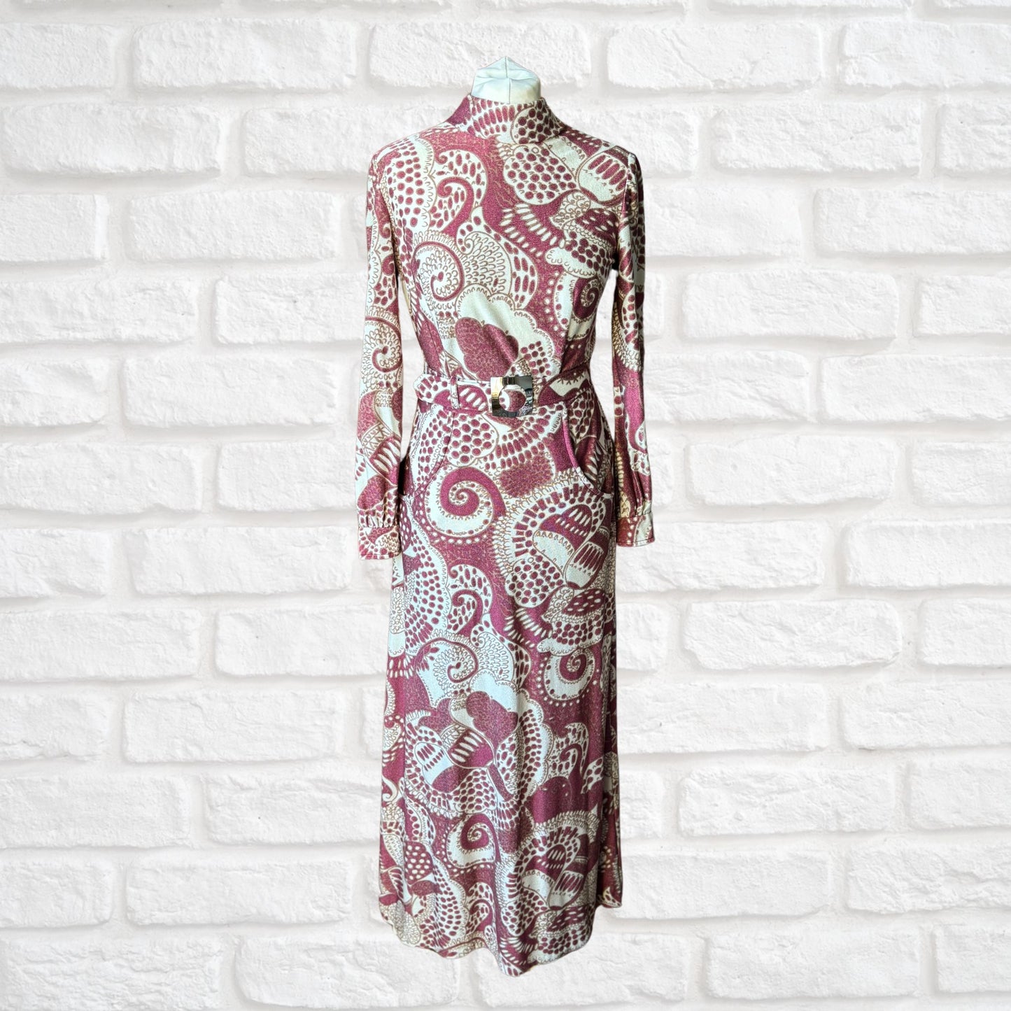 Vintage 70s Long-Sleeved Maxi Dress in Cream, Burgundy & Brown Abstract Print with Matching Belt . Approx UK size 8-10