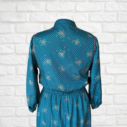 70s Vintage Teal Prairie Midi Dress with Red and Yellow Geometric by Leslie Fay. Approx UK size 14-16