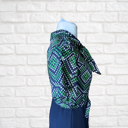Vintage 70s Navy Blue, Green and White Geometric Print Dress with Tie Neck and Matching Belt . Approx UK size 14-16