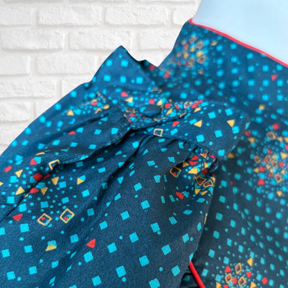 70s Vintage Teal Prairie Midi Dress with Red and Yellow Geometric by Leslie Fay. Approx UK size 14-16