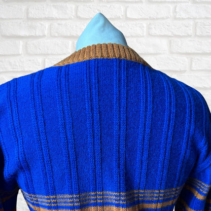 Vintage 70s Blue and Dark Mustard V Neck Jumper.  Approx U.K. size 10-12