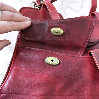 70s Dark Red Leather Vintage Shoulder / Top Handle Bag with Detachable Strap