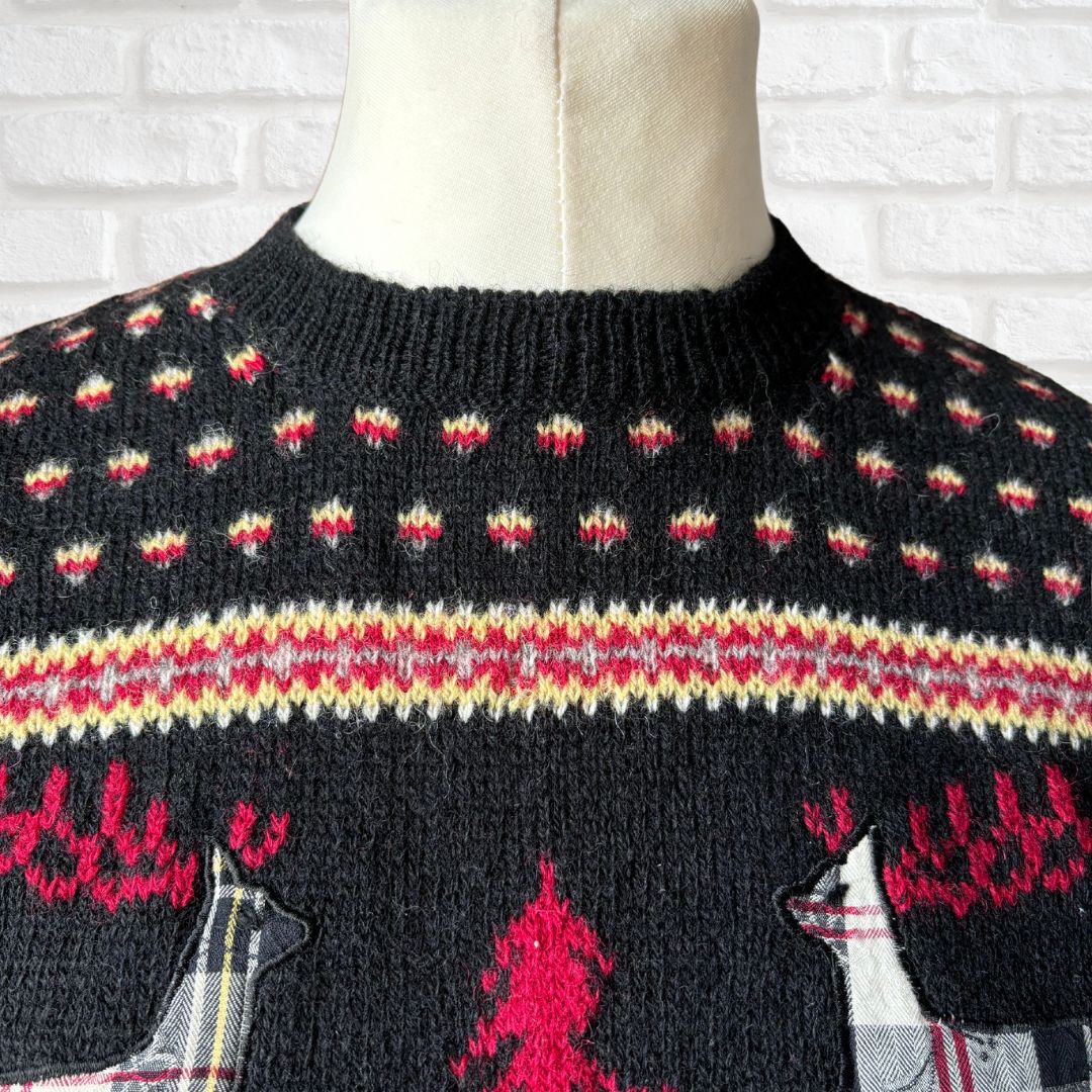 Vintage 80s Christmas Jumper by Susan Bristol – Nordic Style with Plaid Reindeer Appliqué. Approx UK size 12-16