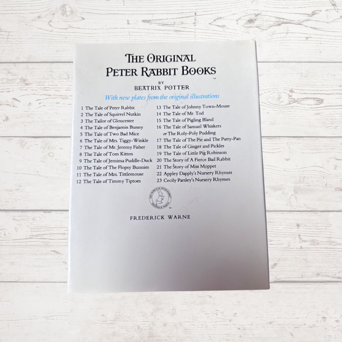 List of The Original Peter Rabbit Books by Beatrix Potter on a gray background