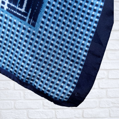 Blue and White Geometric Print Silky Square Vintage Scarf. Great Gift idea