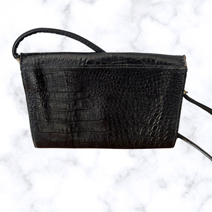 Vintage 80s Black Leather Envelope Bag with Cross Body Strap. Perfect for Nights Out/ Festivals