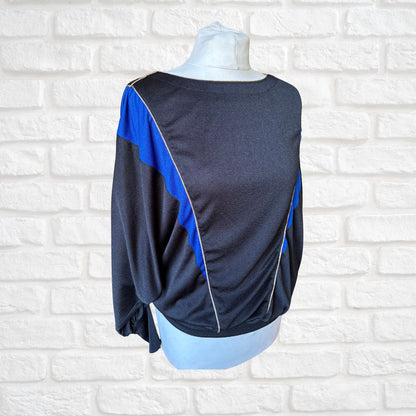 Vintage 80s Black Batwing Sleeved Top with Sparkly Gold Piping. Approx  UK size 12-14