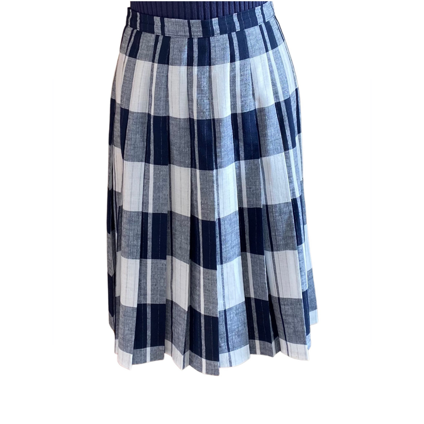 80s blue and white pleated midi skirt by St. Michael.  Approx UK size 8-10