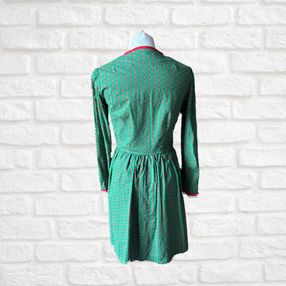 Vintage Green and Red Cotton Dirndl Dress with long lace trimmed sleeves. Approx UK size 8-10