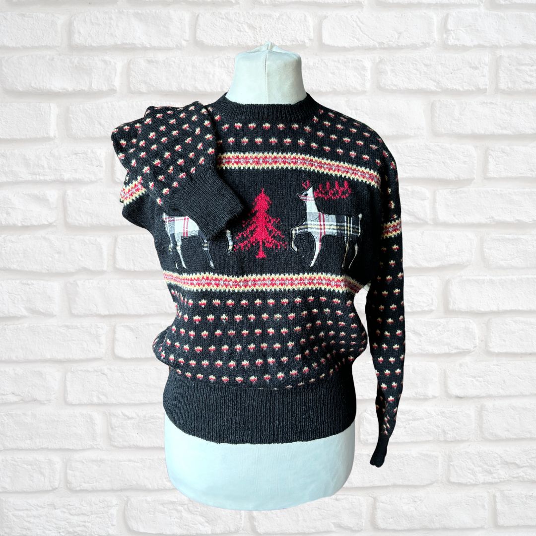 Vintage 80s Christmas Jumper by Susan Bristol – Nordic Style with Plaid Reindeer Appliqué. Approx UK size 12-16