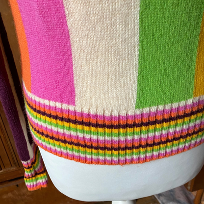 Vintage Italian Wool Multi Coloured Stripe V Neck Jumper.Approx UK size 8-10