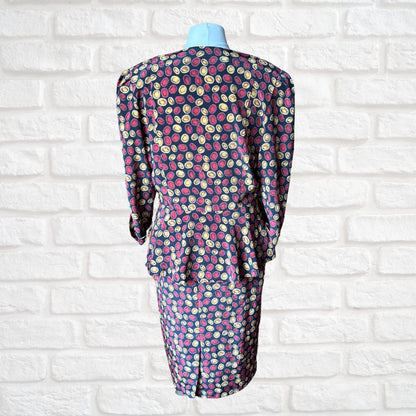 Vintage 80s Black Peplum Dress with Red & Gold Lozenge Print by Liz Roberts. Approx UK Size 16-18