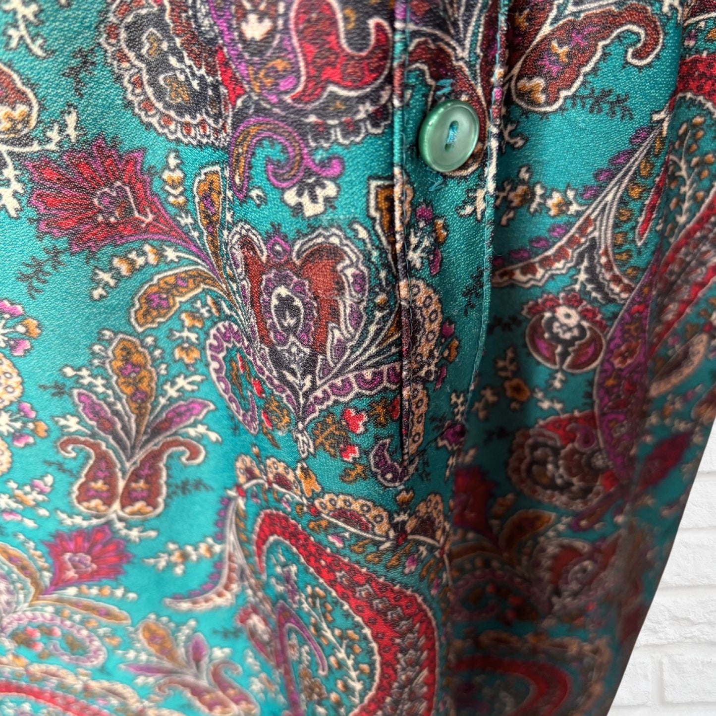 Vintage 70s Teal & Purple Paisley A-Line Mini Dress with Matching Belt. Approx UK size 14