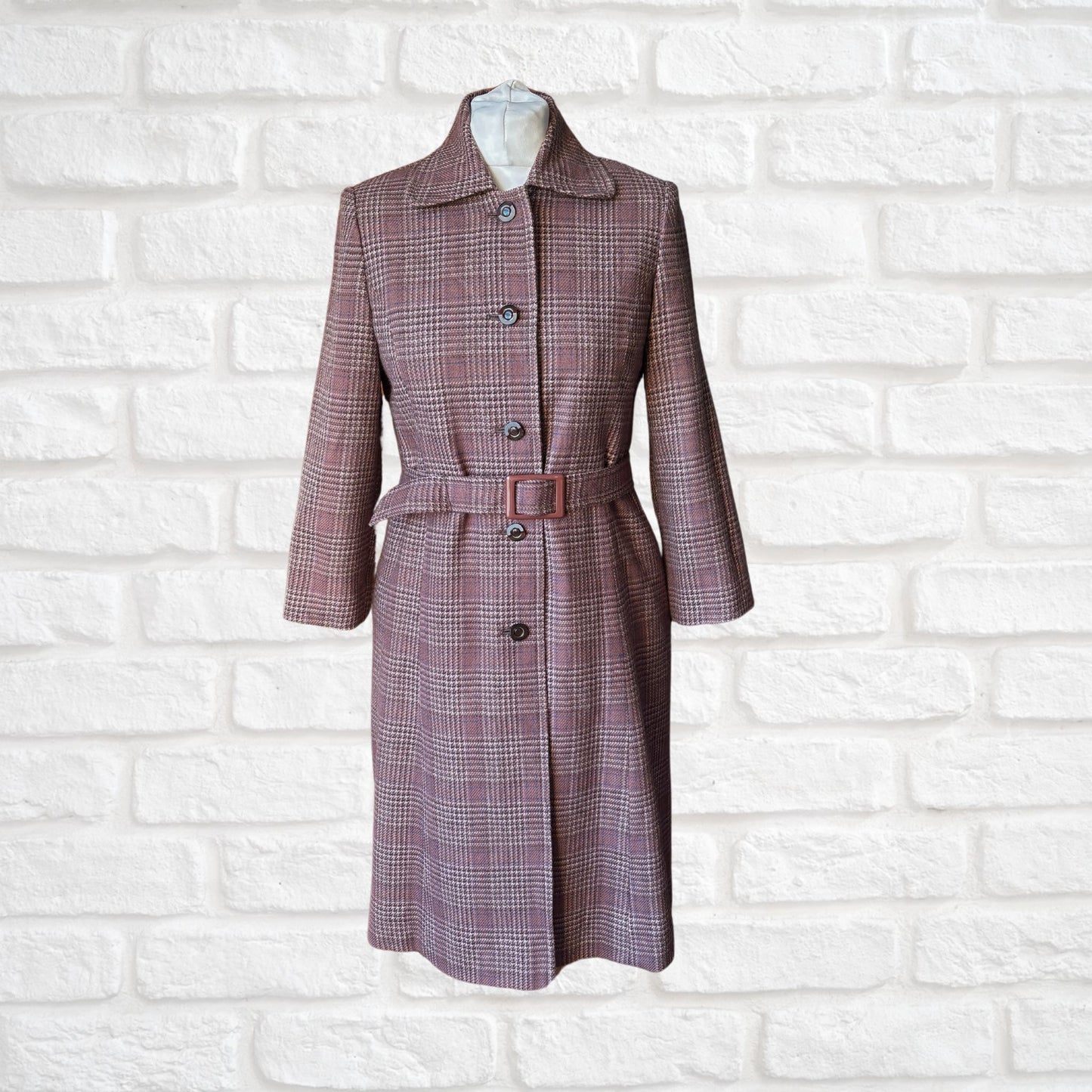 Vintage Wool Blend Trench Coat - Brown, Blue & White Checked Pattern with Matching Belt . Approx UK size 8-10