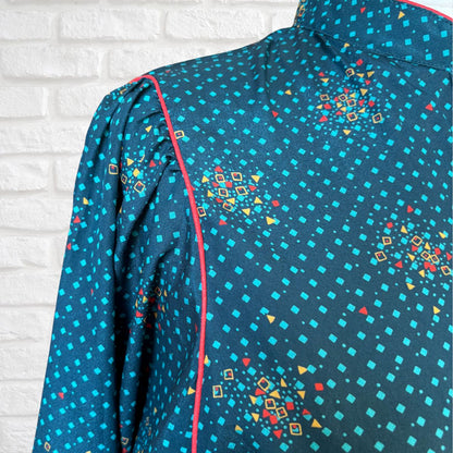 70s Vintage Teal Prairie Midi Dress with Red and Yellow Geometric by Leslie Fay. Approx UK size 14-16