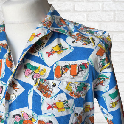 70s Blue Cartoon Novelty Print Vintage Cotton Shirt. Approx UK size M (men) 14-16( women )