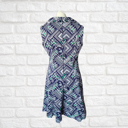 60s/70s Navy Blue Geometric Print A-Line Mini Dress. Approx UK size 10-12
