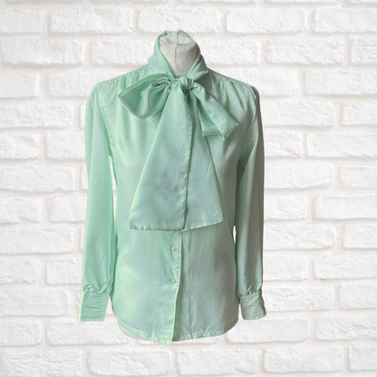 Pale Green Silky 80s Vintage Secretary Blouse with Tie Detail. Approx UK size 8-10
