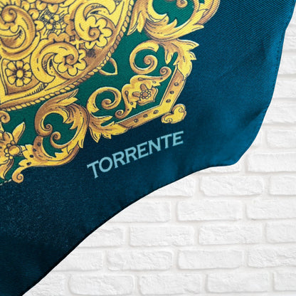 Stylish Blue, White, Gold and Green Equestrian Style Square Vintage Scarf. Great Gift idea