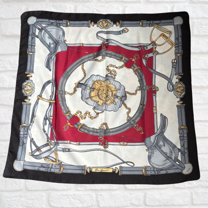 Black, White, Grey, Gold and Red Equestrian Style Square Vintage Scarf by Gim Renoir. Great Gift Idea
