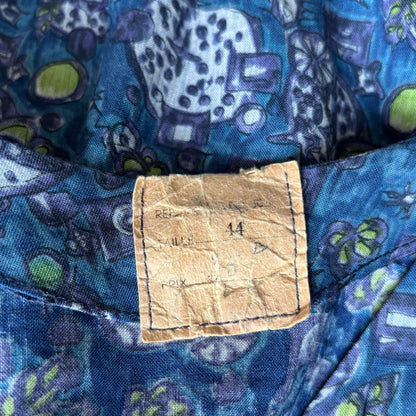 1950s French Vintage Blue Cotton Abstract Print Dress. Approx UK 12/ small 14