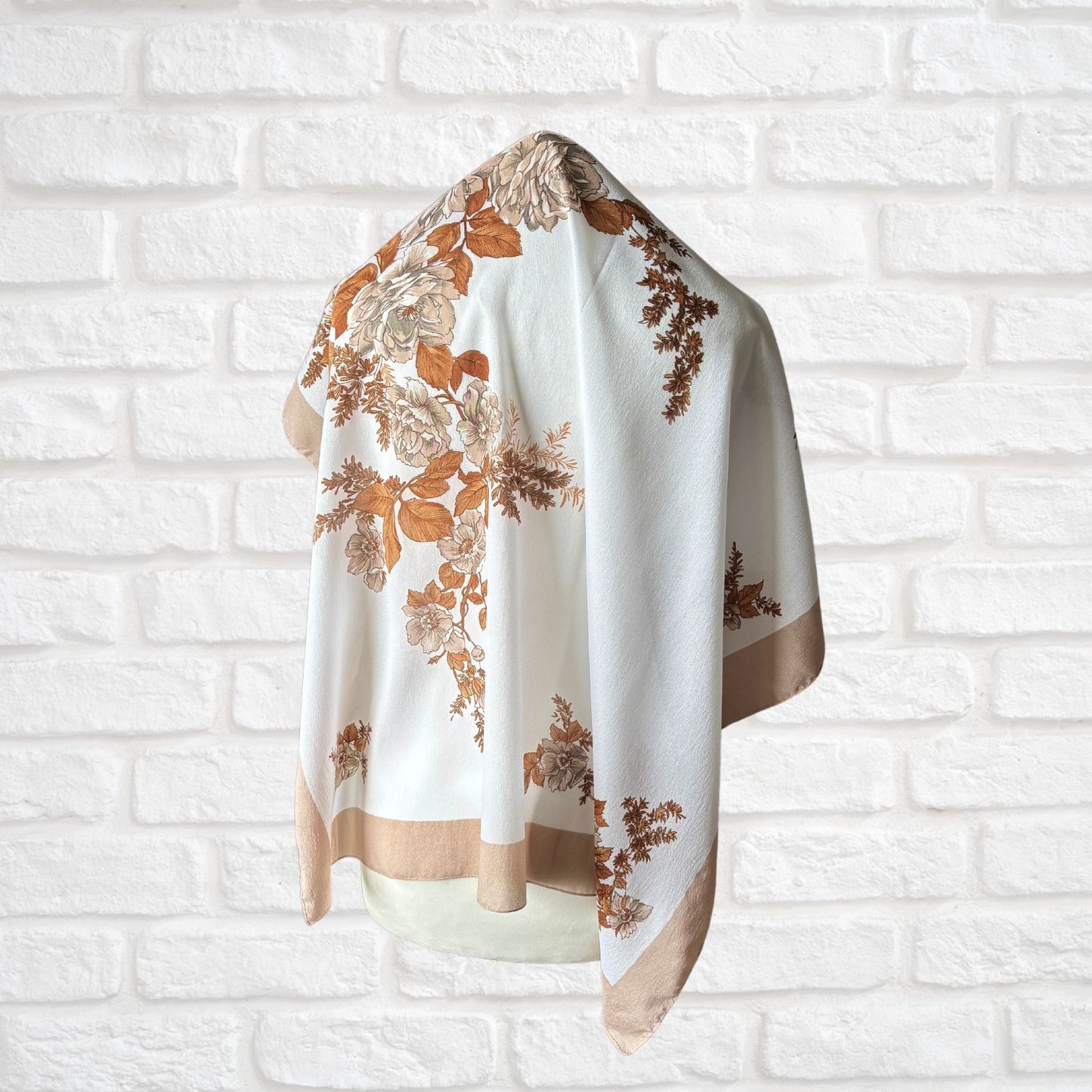 Stylish Brown and White Square Botanical Vintage Scarf. Great Gift idea