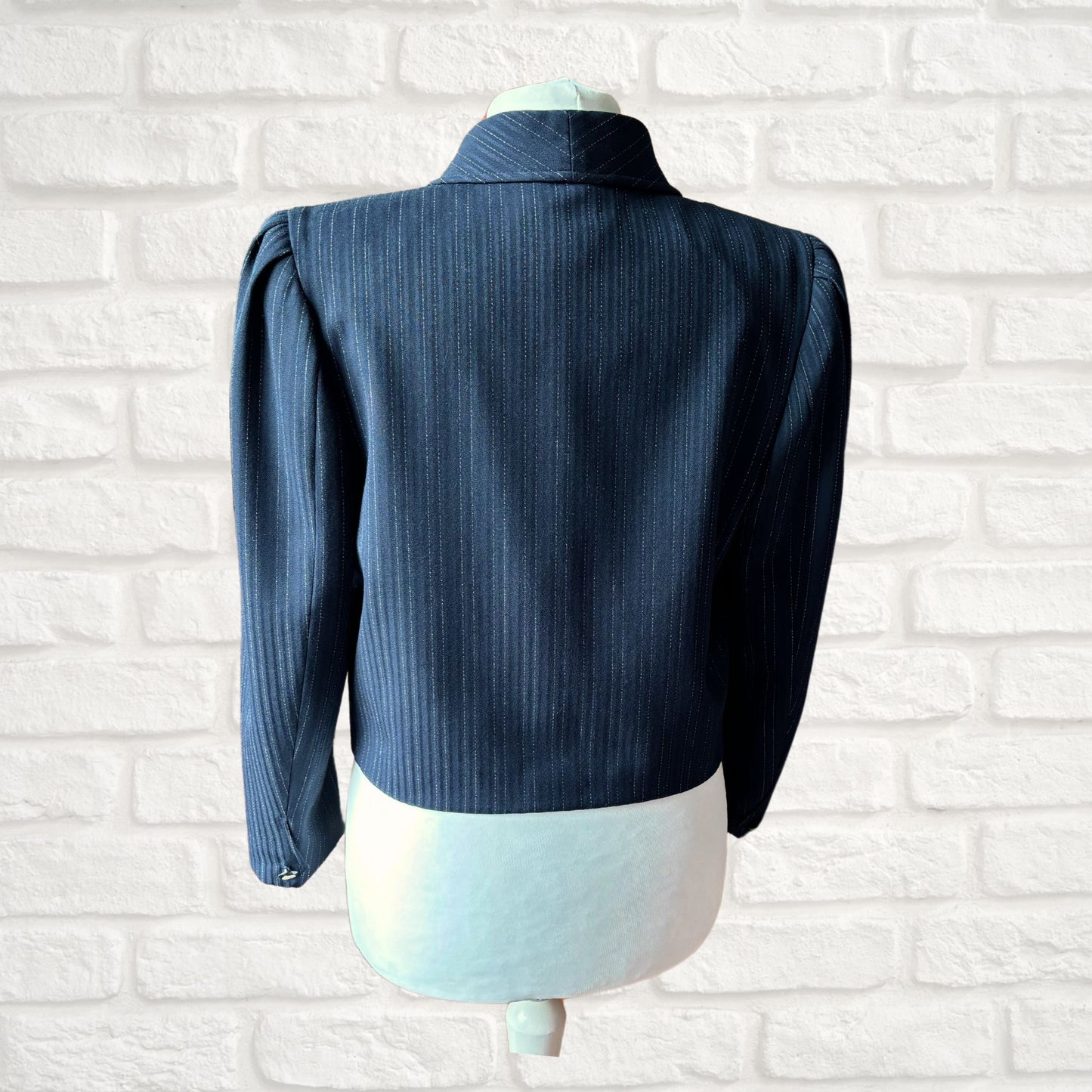 Vintage Navy Blue and White Cropped Pinstriped Long Sleeved Jacket. .Approx UK size 12-14