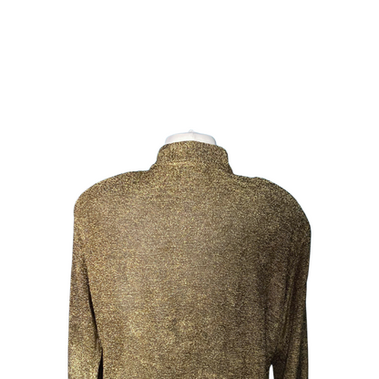 eye-catching metallic gold shirt featuring a unique dagger collar design. Back view 