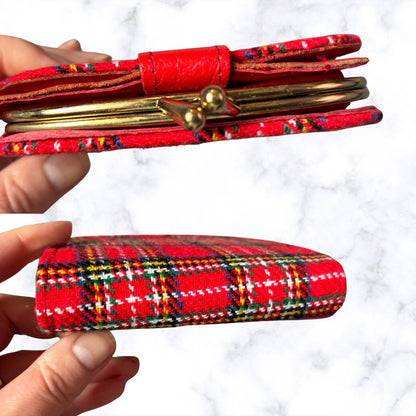 Vintage Red Tartan Wool and Leather Clasp Top Purse/Wallet - Stylish and Practical