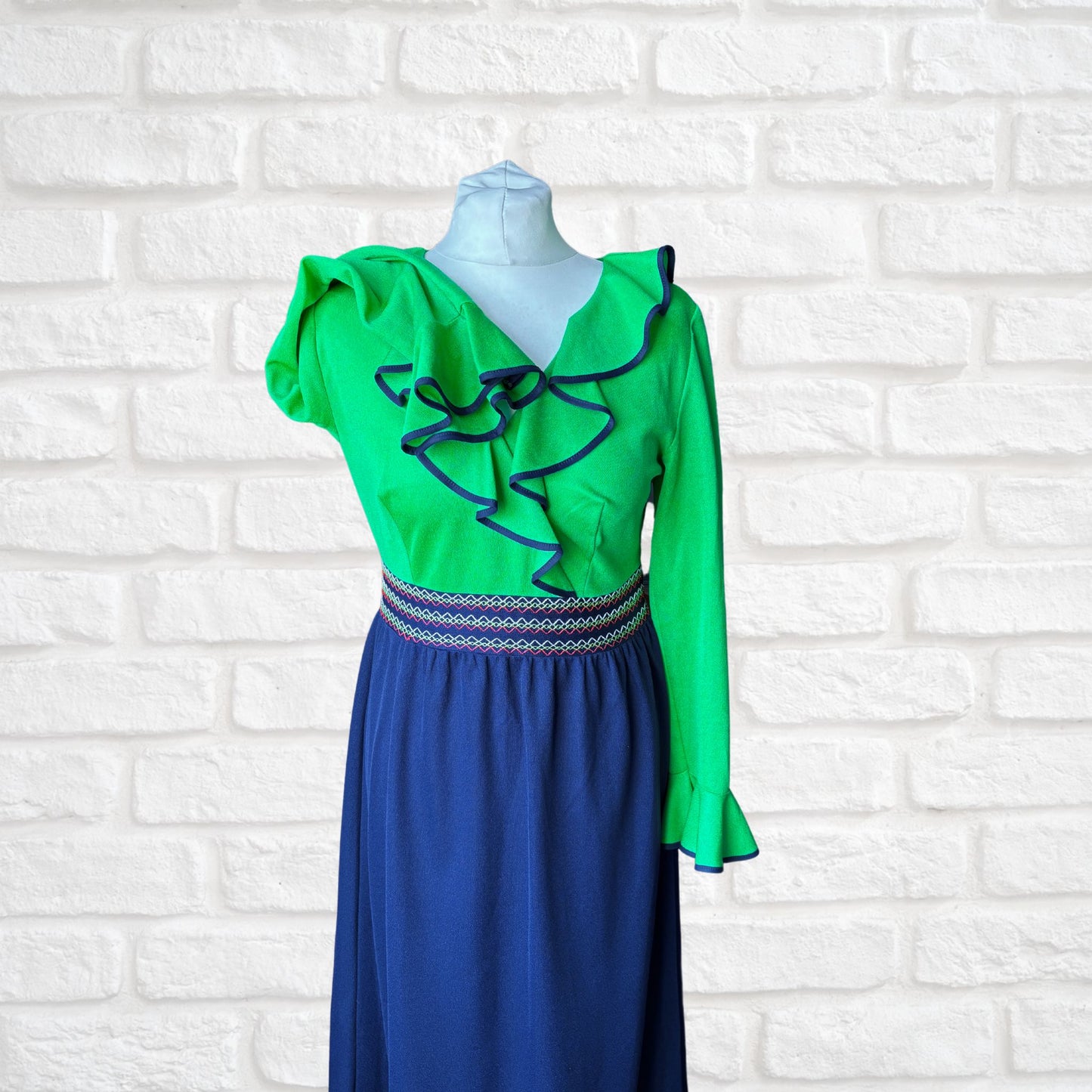 Stunning 1970s Vintage St. Michael Maxi Dress. Green & Navy Blue with Ruffle Bodice. Approx UK size 10