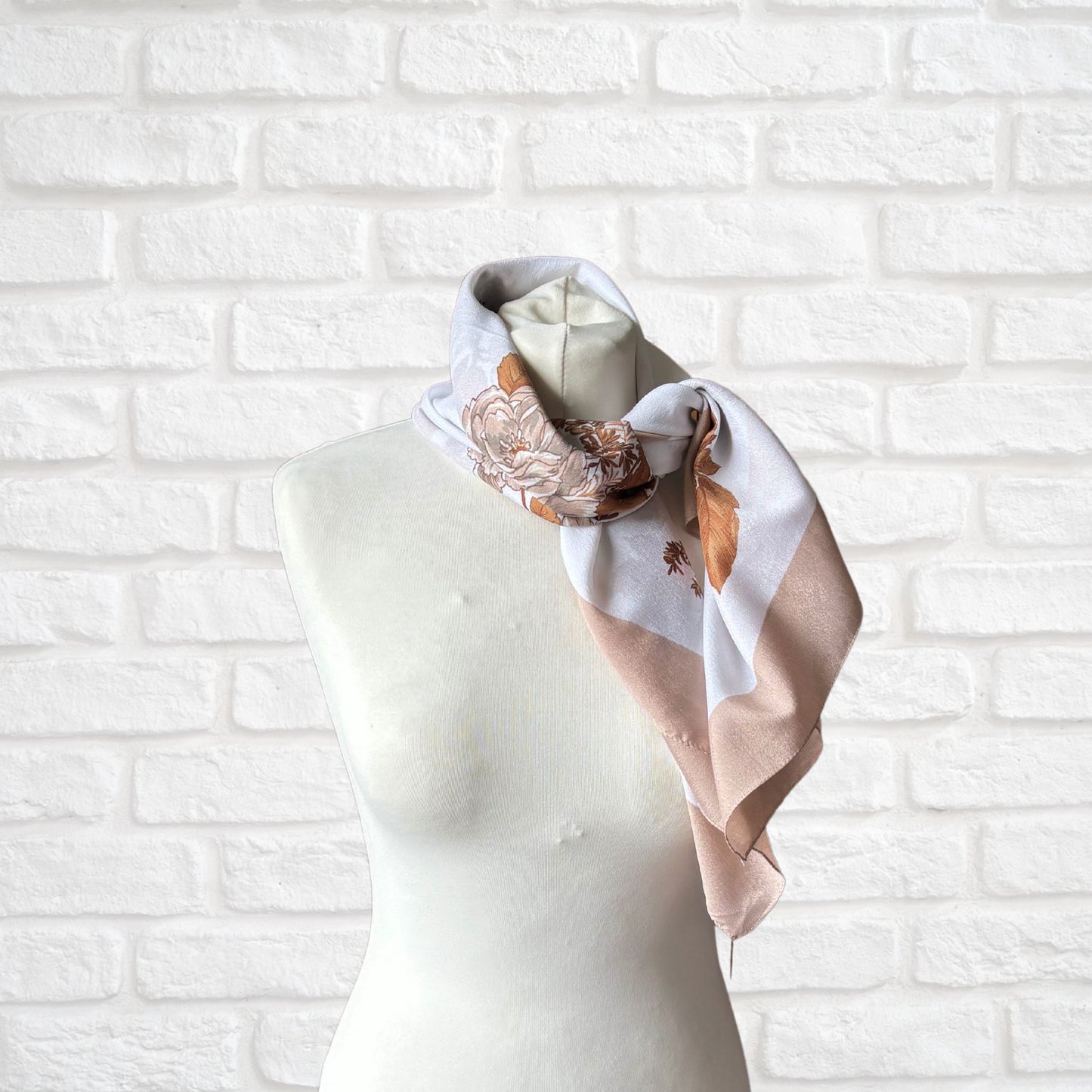 Stylish Brown and White Square Botanical Vintage Scarf. Great Gift idea