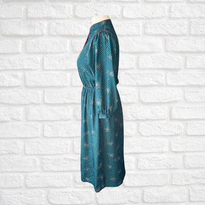 70s Vintage Teal Prairie Midi Dress with Red and Yellow Geometric by Leslie Fay. Approx UK size 14-16