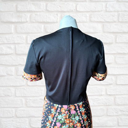 70s Black Fit & Flare Midi Dress with Fruity Floral Print . Approx UK size 10-12