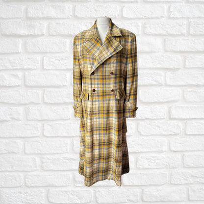 Vintage 1990s Gold and Grey Checked Maxi Length Wool Coat. Approx UK size 16-18 (w) Large (m)