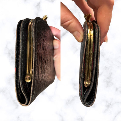 Vintage Textured Black Leather Clasp Top Purse/Wallet with Blue Tartan Insert  - Stylish and Practical