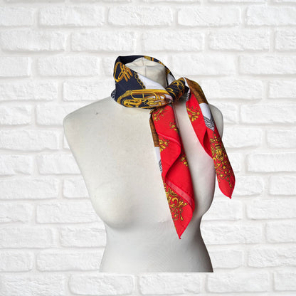 Red, Navy Blue and Gold Heraldic Style Large Square Vintage Scarf. Great Gift idea
