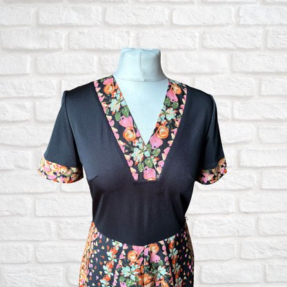 70s Black Fit & Flare Midi Dress with Fruity Floral Print . Approx UK size 10-12