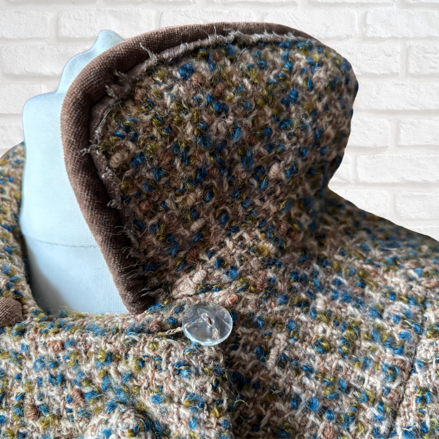 Vintage 60s Teal Green and Brown Wool Boucle Jacket with Velvet Trim. Approx UK size 14-16