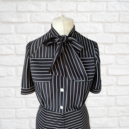 Vintage Monochrome Striped 70s Midi Dress by Liza Peta Approx UK size 10