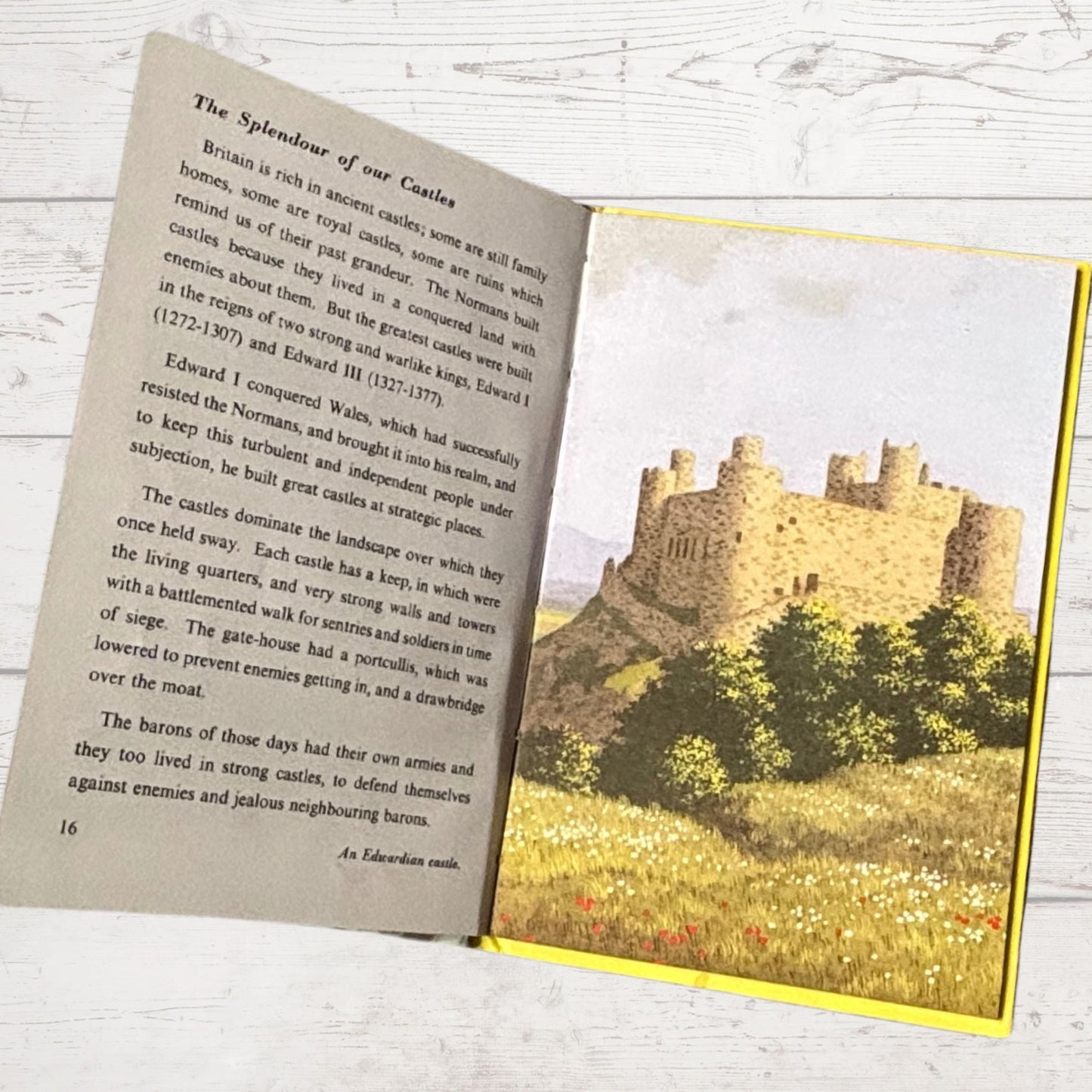 Open book with text and a picture of a castle on a wooden surface