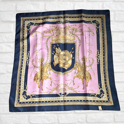 Pink, Navy Blue and Gold Heraldic Style Large Square Vintage Scarf. Great Gift idea